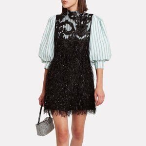 Ganni Women's Black Feathered Dress with Green Striped Sleeves Size 6